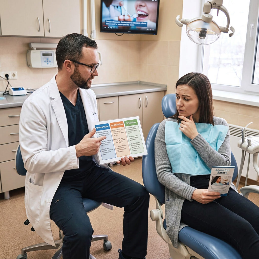 A Muldoon Dental Arts dentist in Anchorage shows sedation options on a chart to a thoughtful patient during a consultation.