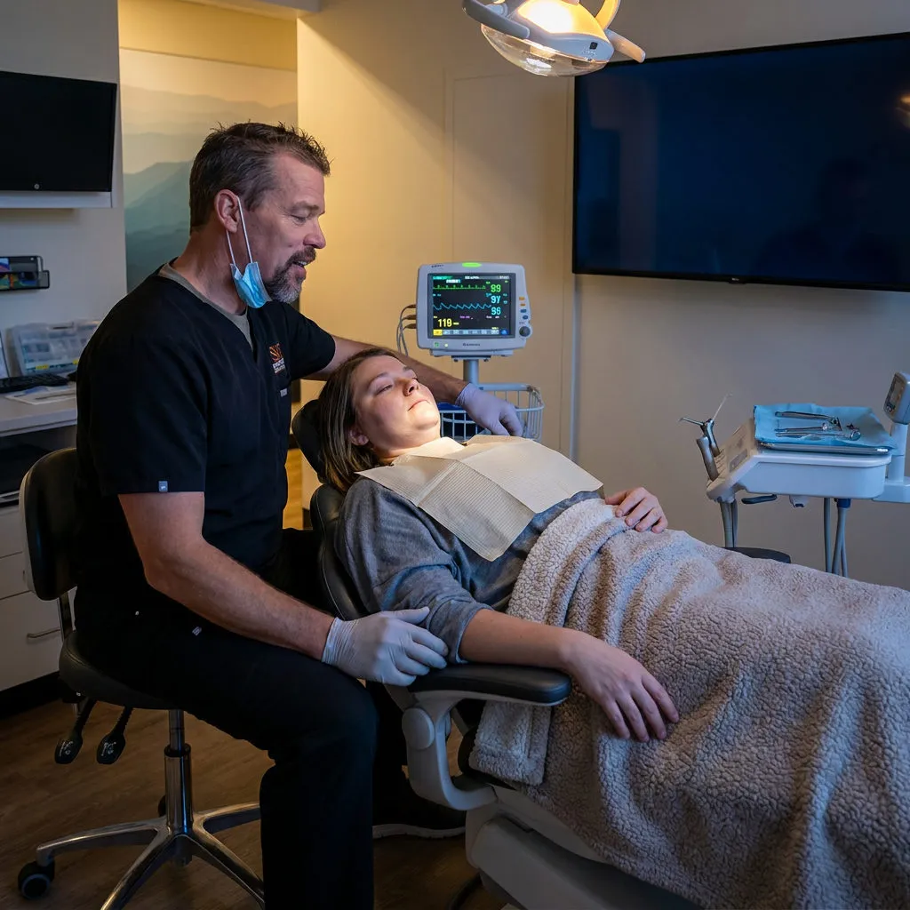 A Muldoon Dental Arts dentist in Anchorage monitors a relaxed patient under a warm blanket as sedation takes effect.
