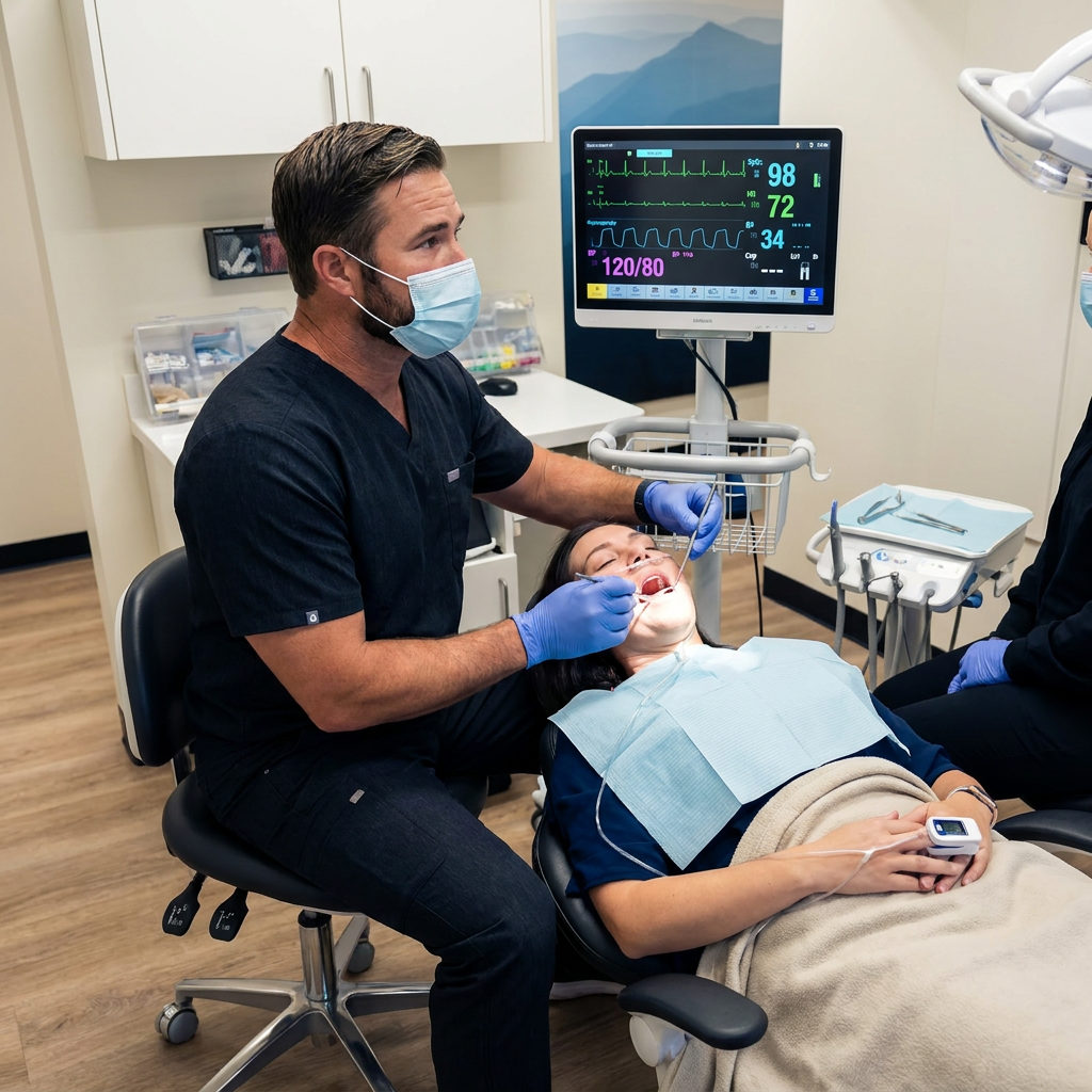 Muldoon Dental Arts dentist in Anchorage monitors a sedation patient and vitals screen during a focused dental procedure.