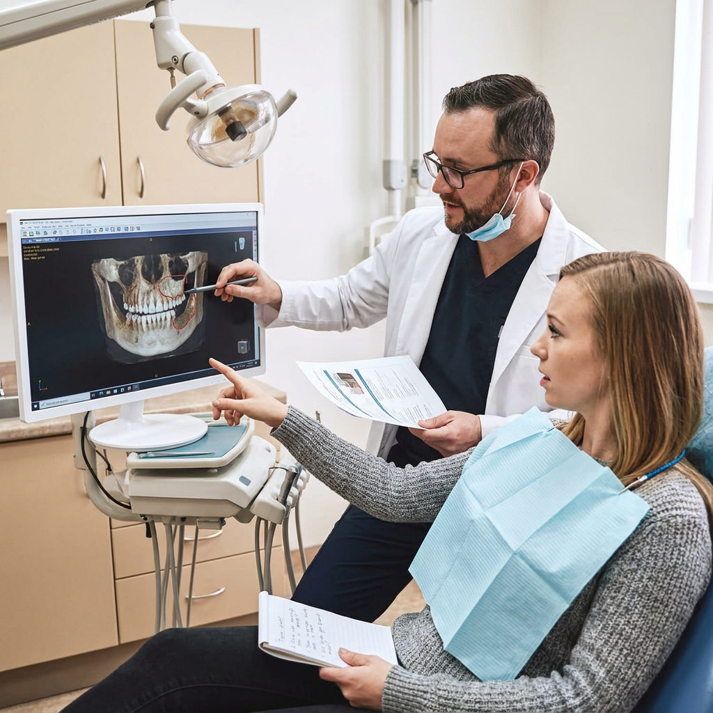 A Muldoon Dental Arts dentist in Anchorage uses a 3D monitor to explain oral surgery steps to an attentive patient.