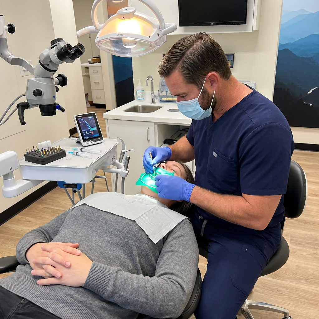 A Muldoon Dental Arts dentist in Anchorage uses an apex locator screen to guide a root canal file for a reclined patient.
