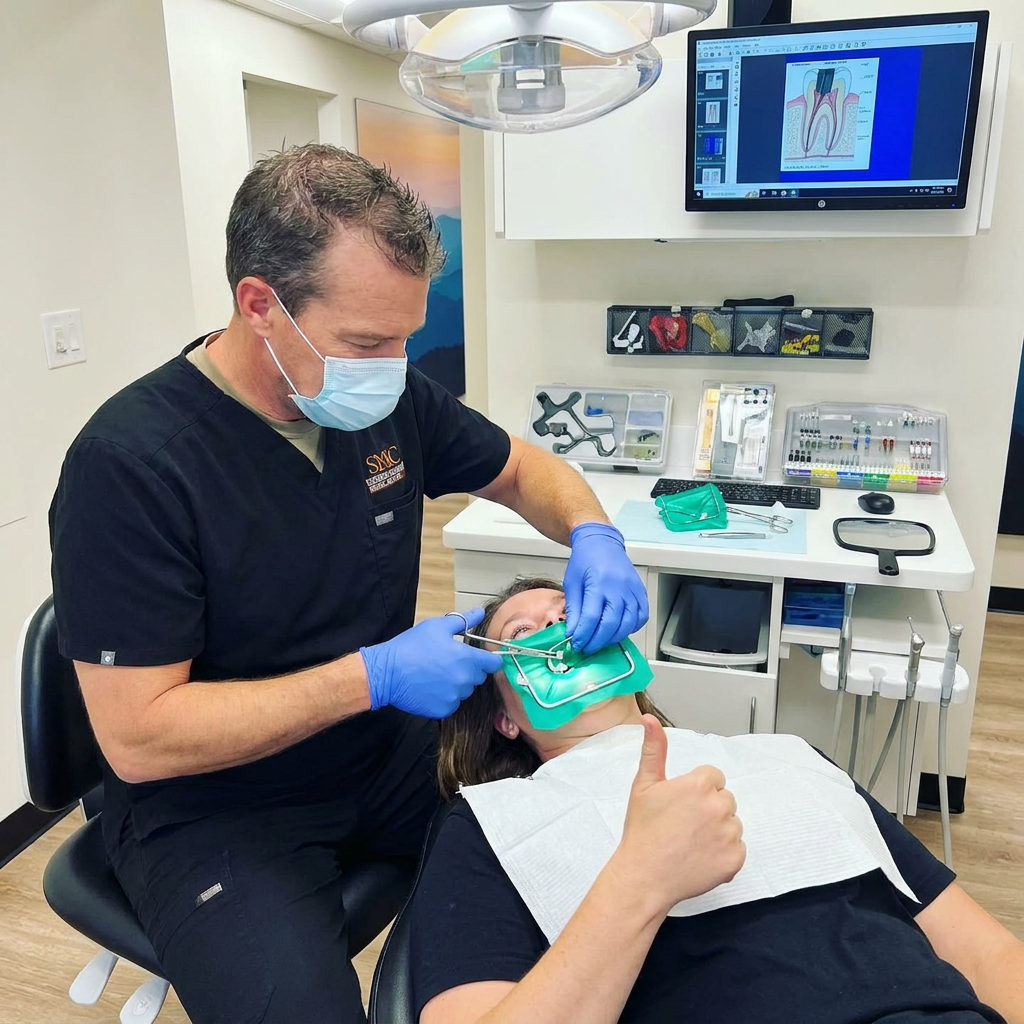 A dentist at Muldoon Dental Arts in Anchorage, AK, adjusts a rubber dam while a reclined patient gives a thumbs up.