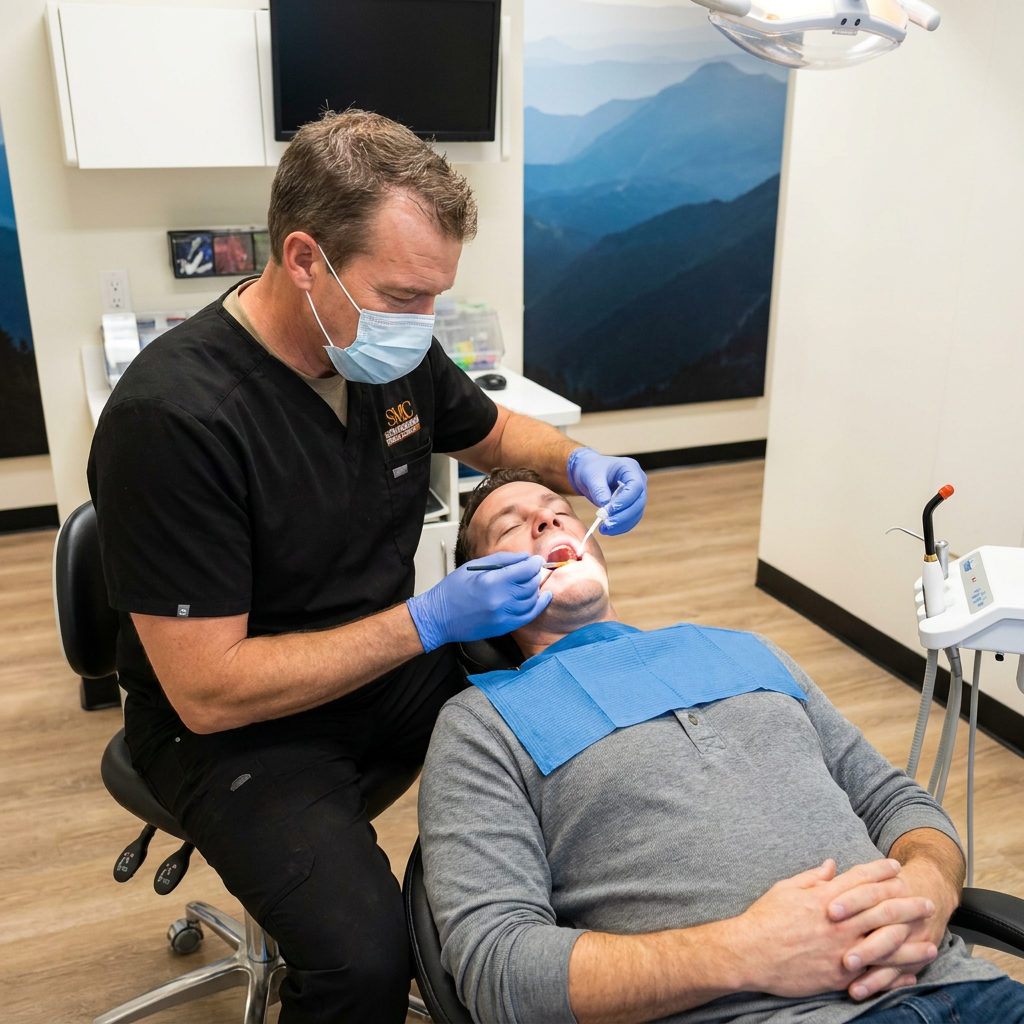 A dentist at Muldoon Dental Arts in Anchorage, AK applies liquid sealant to an adult patient's molar using a precision tip.