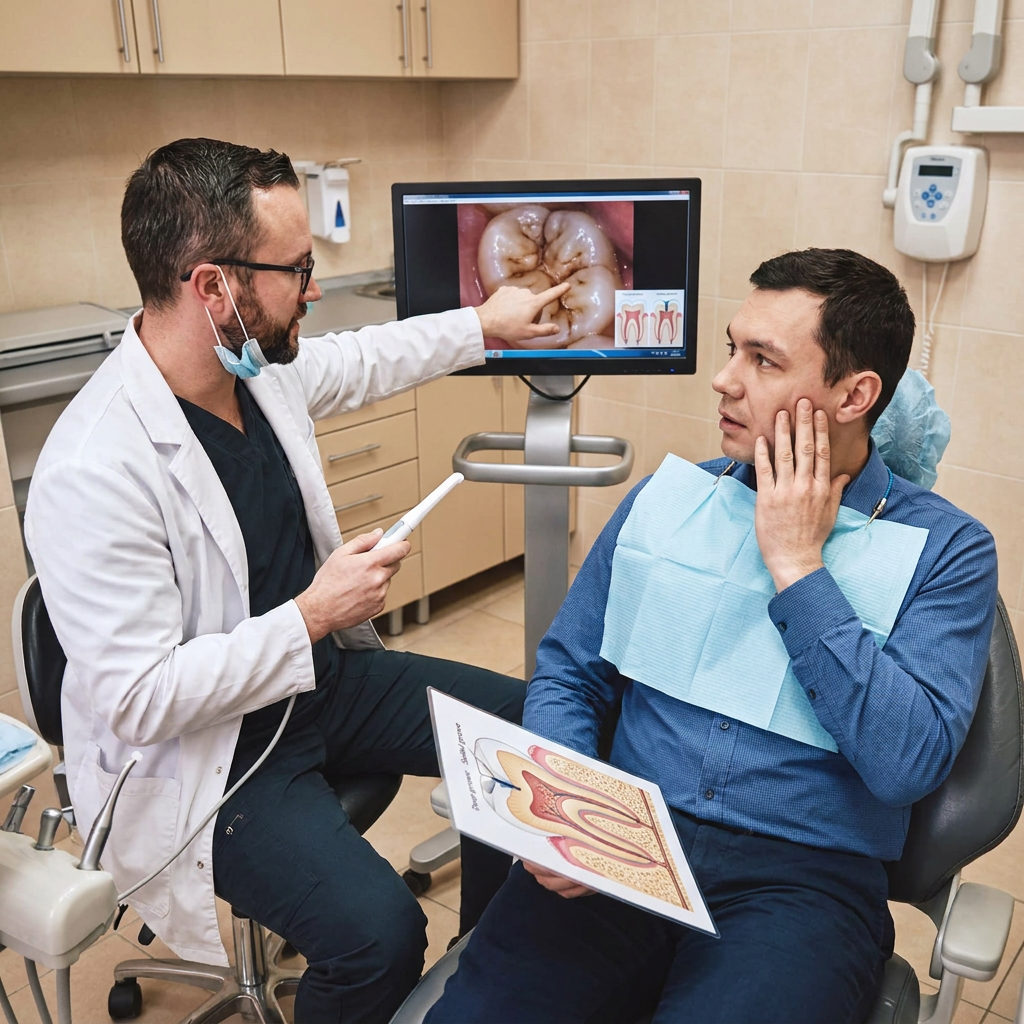 A dentist at Muldoon Dental Arts in Anchorage points to magnified molar grooves on a screen to discuss sealants with a patien