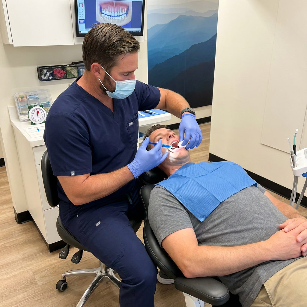 A Muldoon Dental Arts dentist in Anchorage, AK, applies blue etching gel to a patient's tooth for a dental sealant.