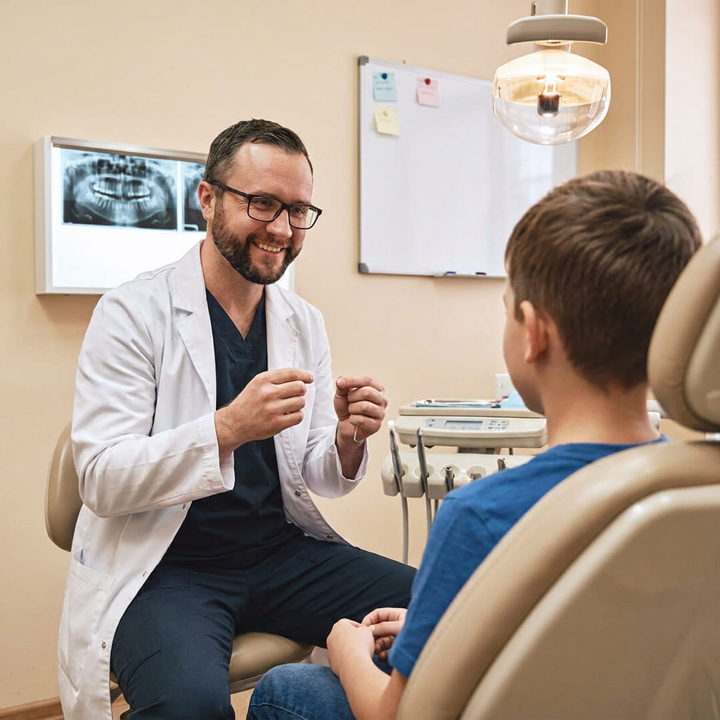 A dentist at Muldoon Dental Arts in Anchorage smiles while talking to a young patient in a clinical operatory.