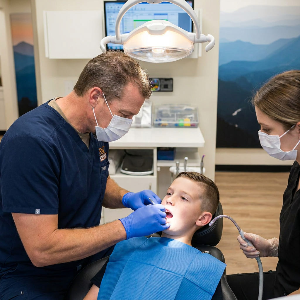 A dentist and assistant treat a young boy at Muldoon Dental Arts in Anchorage, AK, during a pediatric exam.