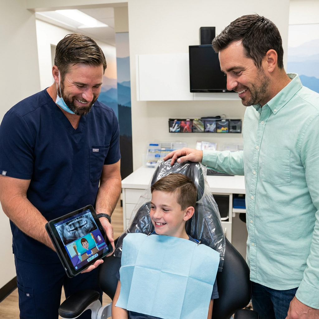 A Muldoon Dental Arts dentist shows a tablet to a boy and his father during a pediatric visit in Anchorage, AK.