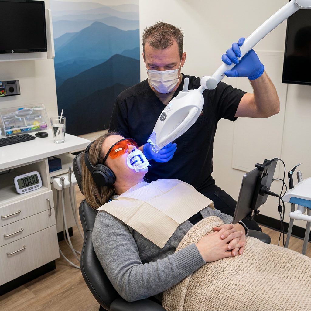 A dentist at Muldoon Dental Arts in Anchorage adjusts a whitening light over a relaxed patient wearing headphones.