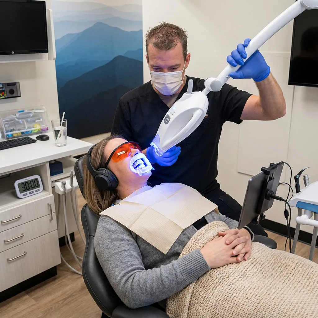 A dentist at Muldoon Dental Arts in Anchorage adjusts a whitening light over a relaxed patient wearing headphones.