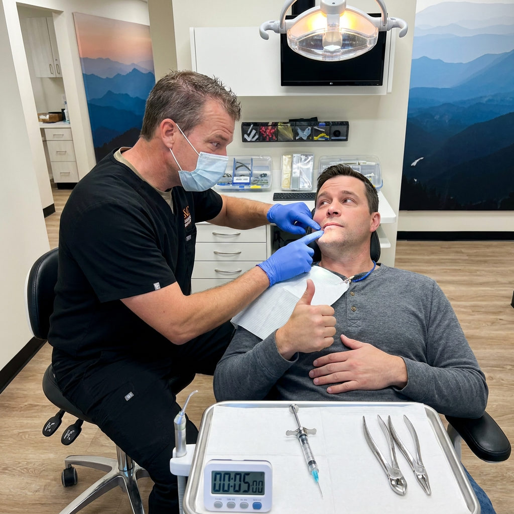 A patient gives a thumbs up to a Muldoon Dental Arts dentist during a numbness check for an extraction in Anchorage, AK.