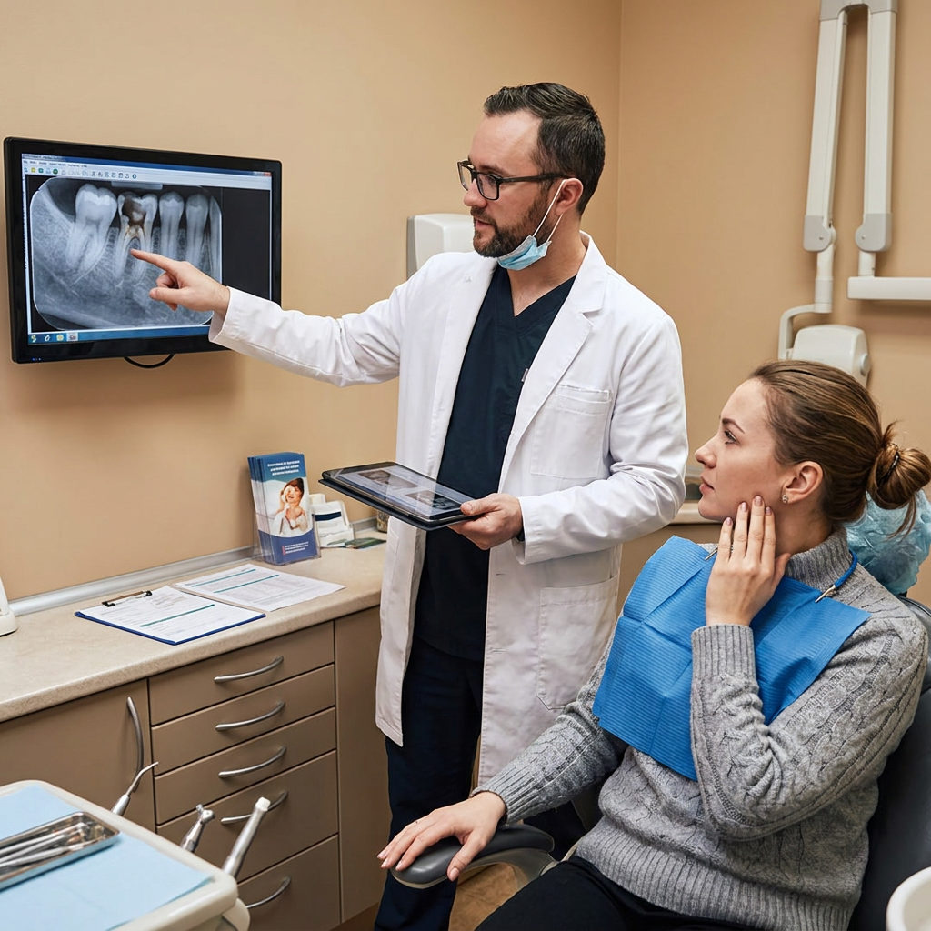 A Muldoon Dental Arts dentist in Anchorage points to a tooth x-ray while talking to a patient in a cable-knit sweater.