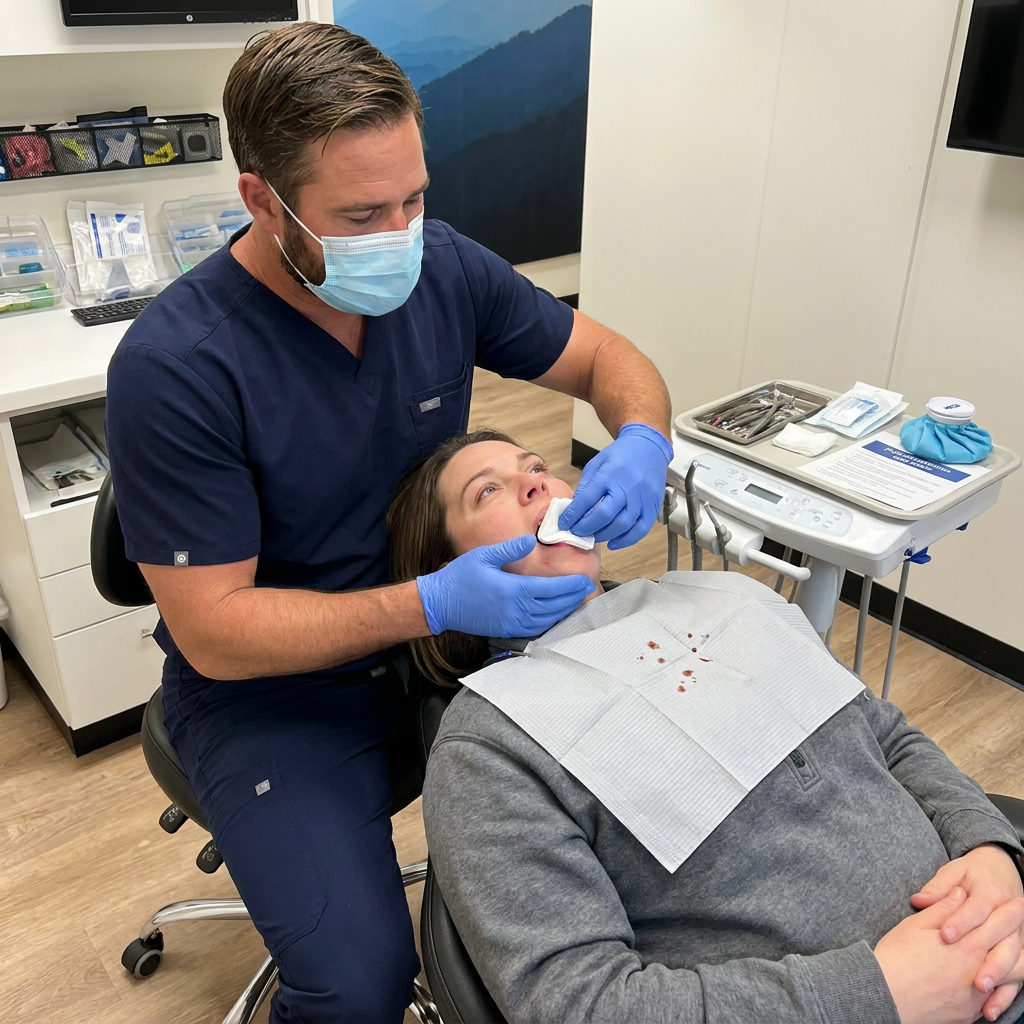 A Muldoon Dental Arts dentist in Anchorage, AK guides a patient to bite on gauze after a tooth extraction.