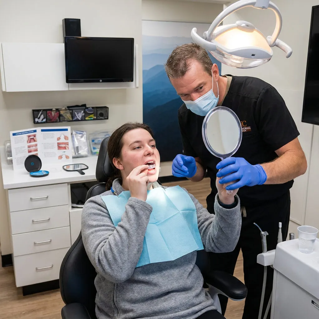 A dentist at Muldoon Dental Arts in Anchorage, AK guides a patient using a mirror to insert a custom dental night guard.