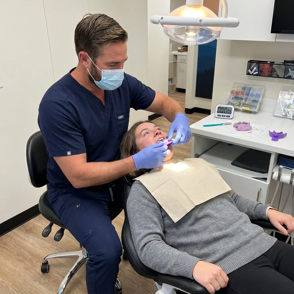 A Muldoon Dental Arts dentist in Anchorage, AK steadies a dental impression tray as a patient bites down to create a mold.
