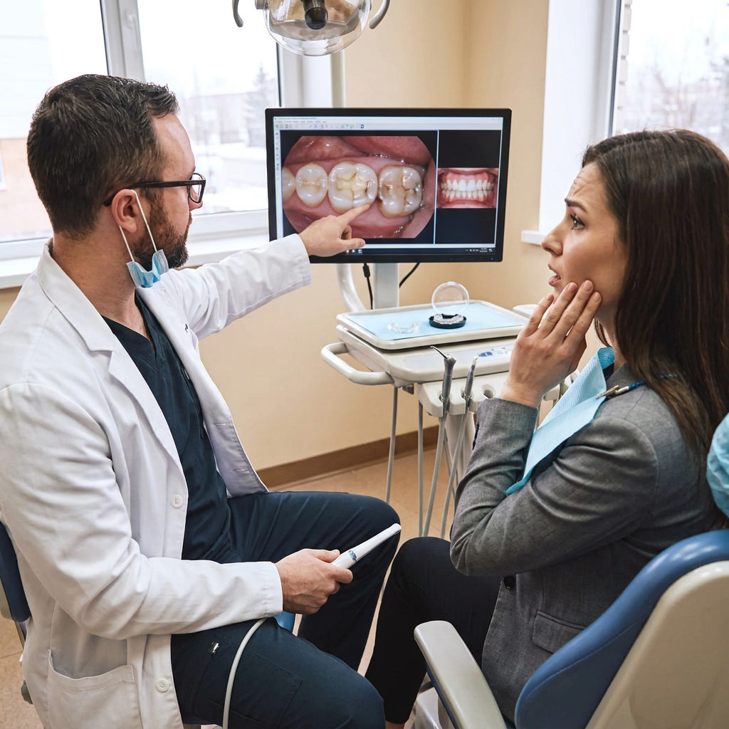 An Anchorage dentist at Muldoon Dental Arts points to tooth wear on a monitor while explaining night guards to a patient.