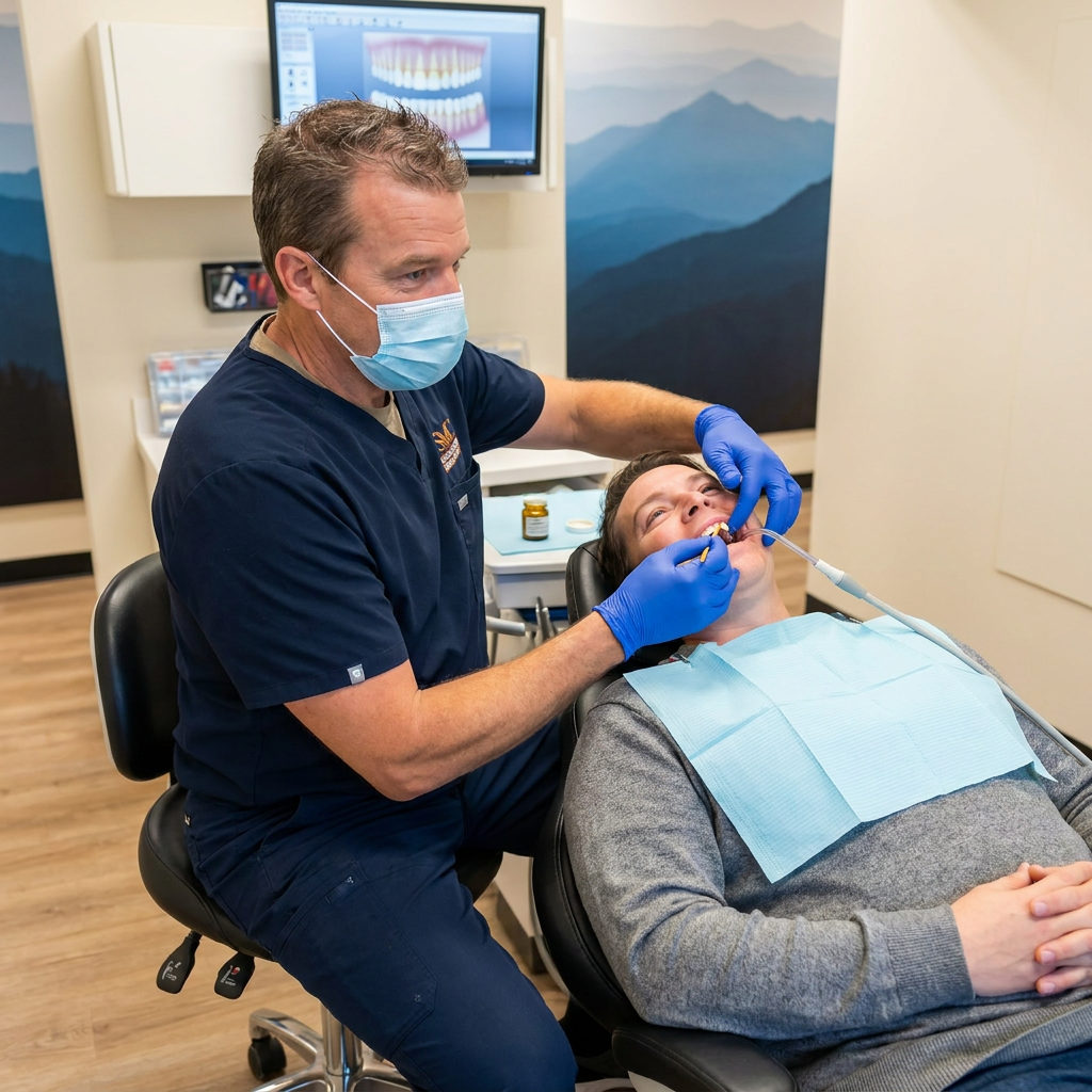 A Muldoon Dental Arts dentist in Anchorage, AK, applies fluoride varnish to a patient teeth using a small applicator brush.