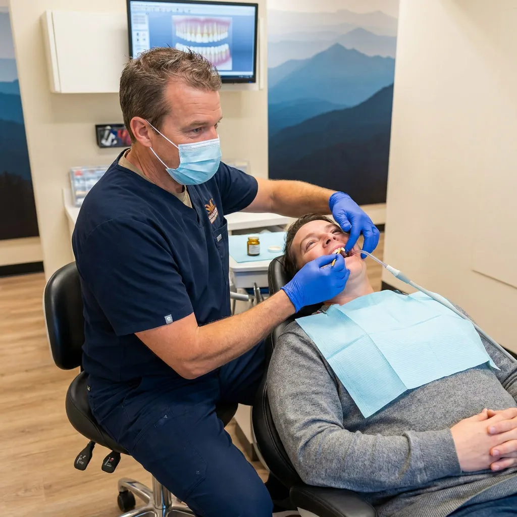 A Muldoon Dental Arts dentist in Anchorage, AK, applies fluoride varnish to a patient teeth using a small applicator brush.