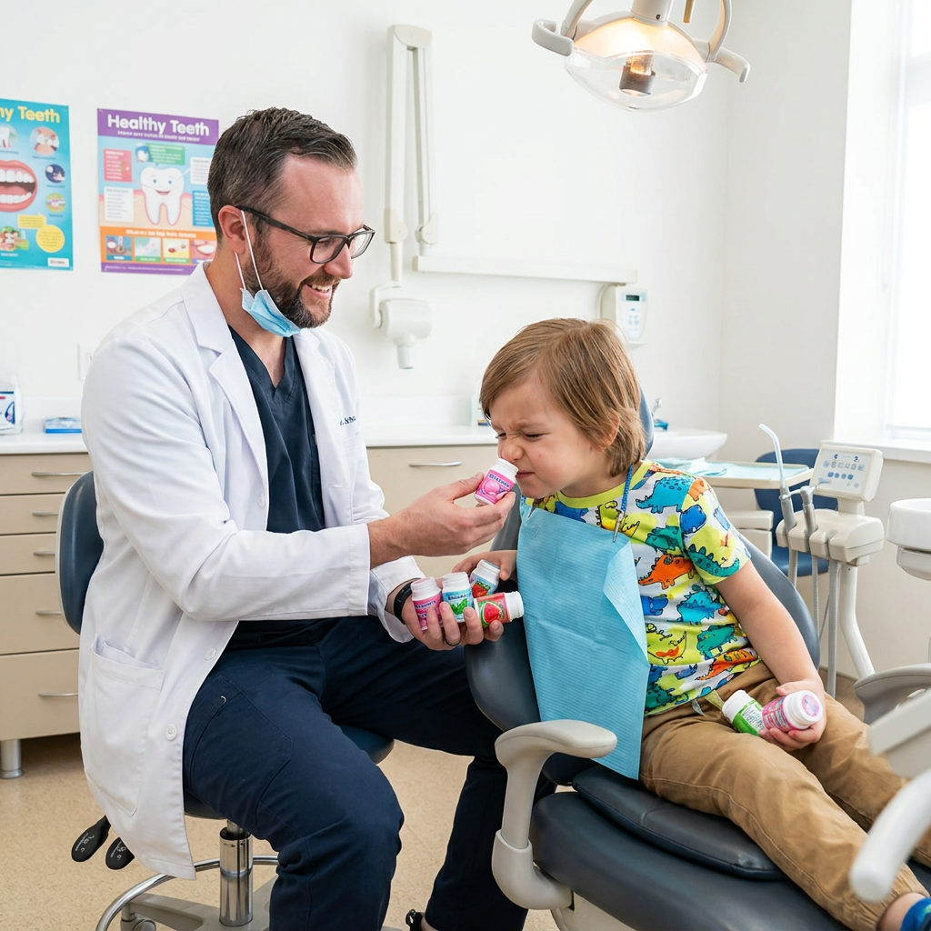 A dentist at Muldoon Dental Arts in Anchorage lets a child choose a fluoride flavor from several colorful sample containers.