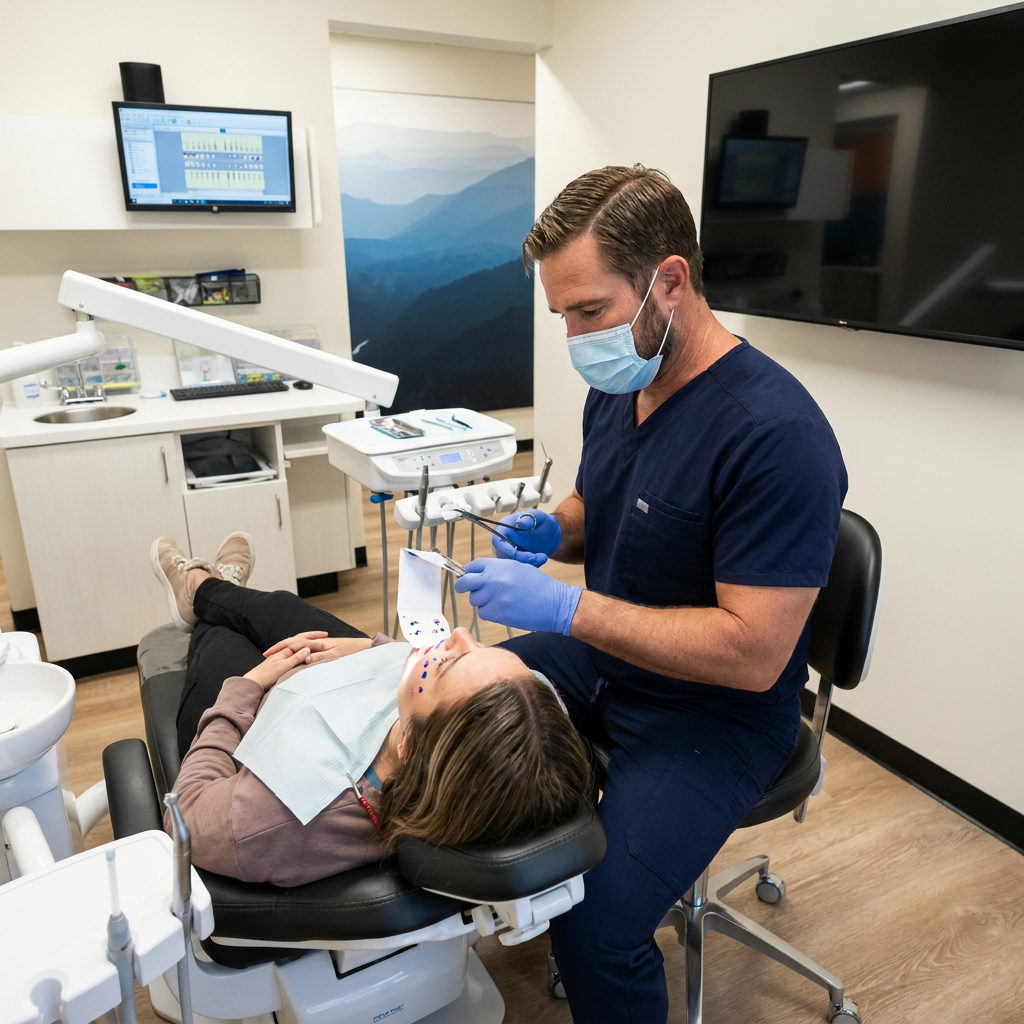 A dentist at Muldoon Dental Arts in Anchorage, AK uses articulating paper to verify a patient's bite during reconstruction.