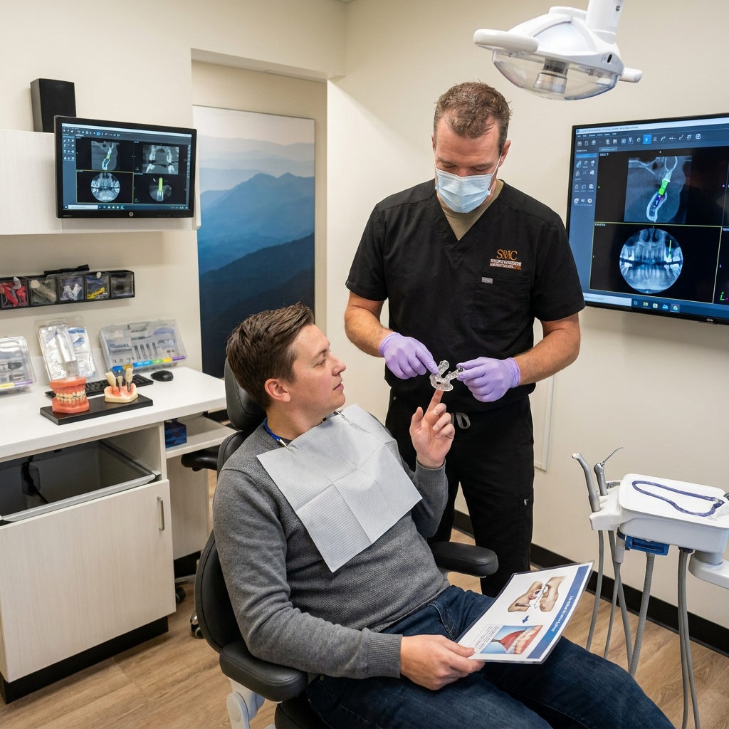 An Anchorage dentist at Muldoon Dental Arts shows a patient a 3D-printed surgical guide and digital implant plan on a monitor