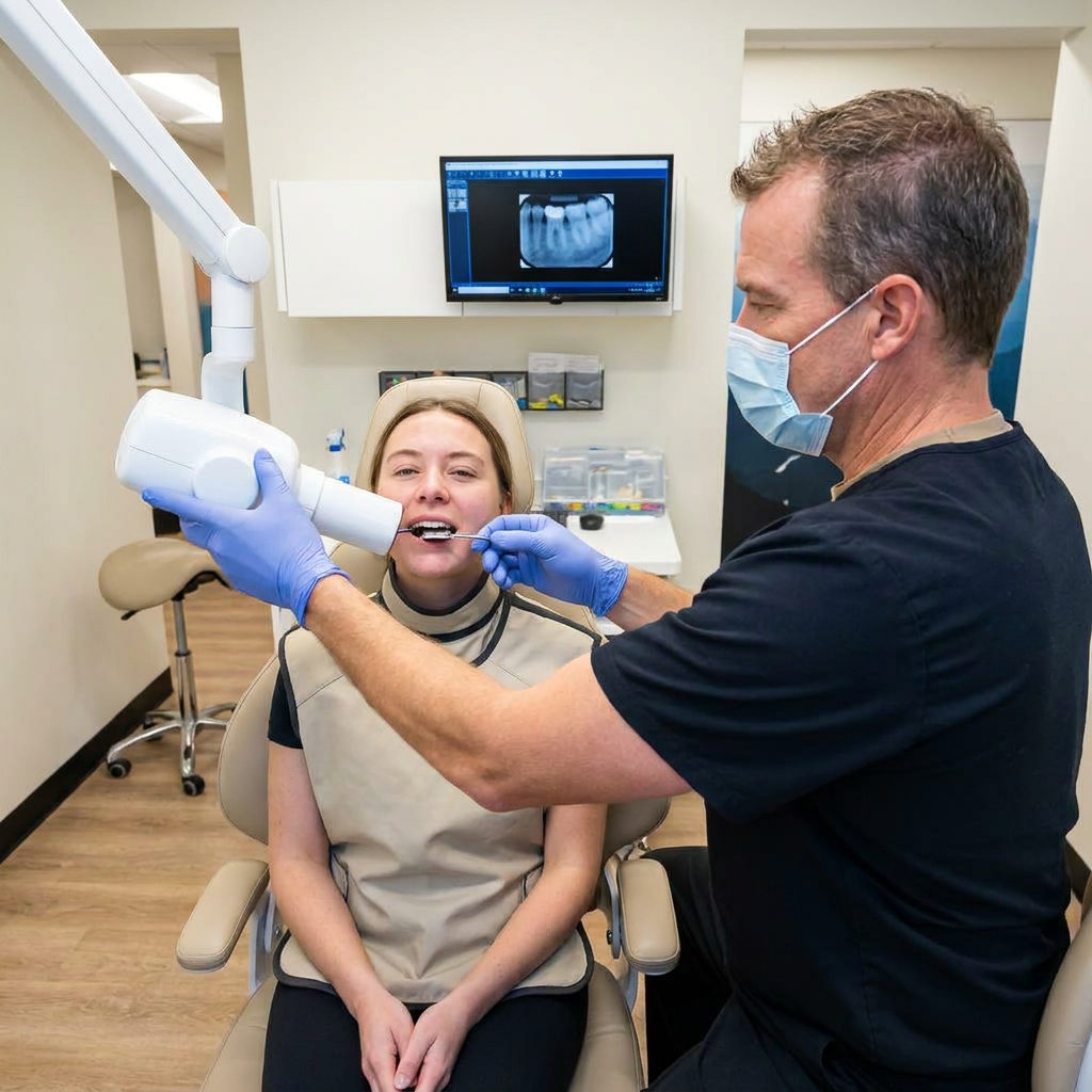 A Muldoon Dental Arts clinician in Anchorage, AK positions a dental X-ray device for a patient wearing a protective shield.