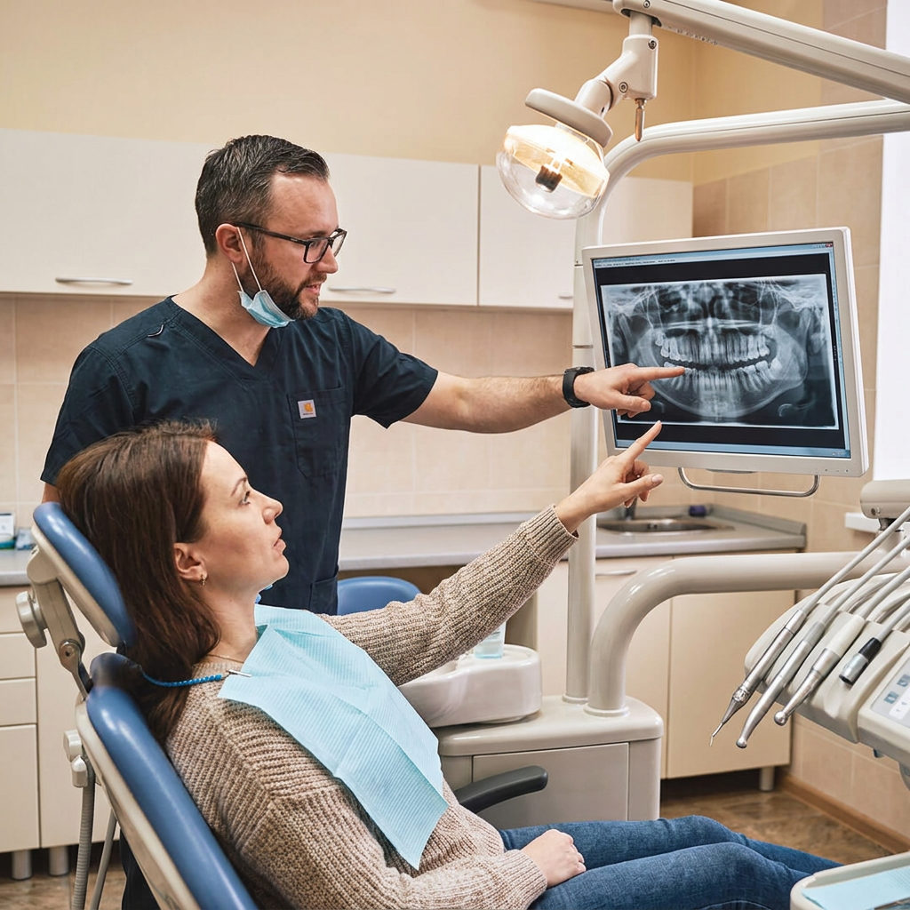 A Muldoon Dental Arts dentist reviews a digital panoramic X-ray on a monitor with an adult patient in Anchorage, AK.