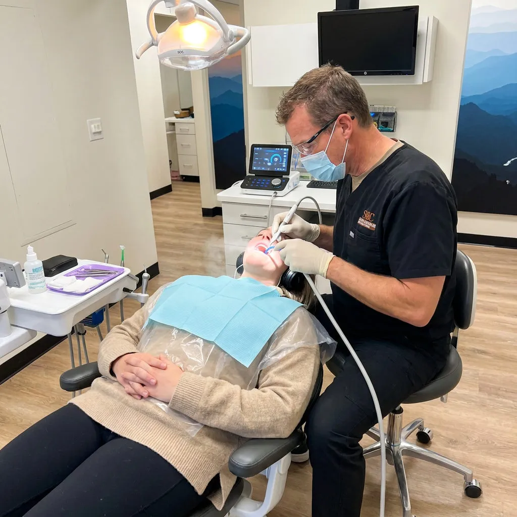 A dentist in navy scrubs performs periodontal cleaning for a patient at Muldoon Dental Arts in Anchorage, AK.