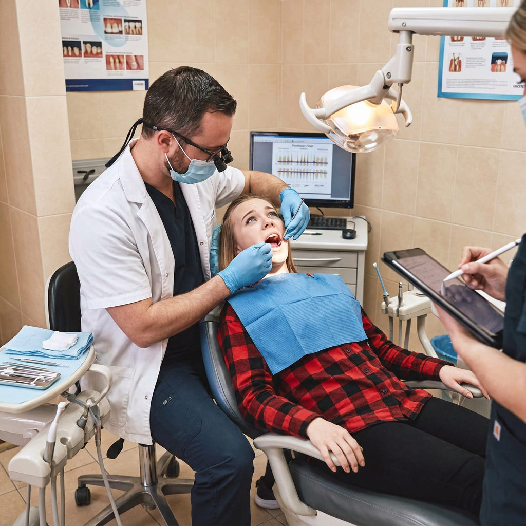 A Muldoon Dental Arts dentist in Anchorage, AK performs a gum exam while an assistant records measurements on a tablet.