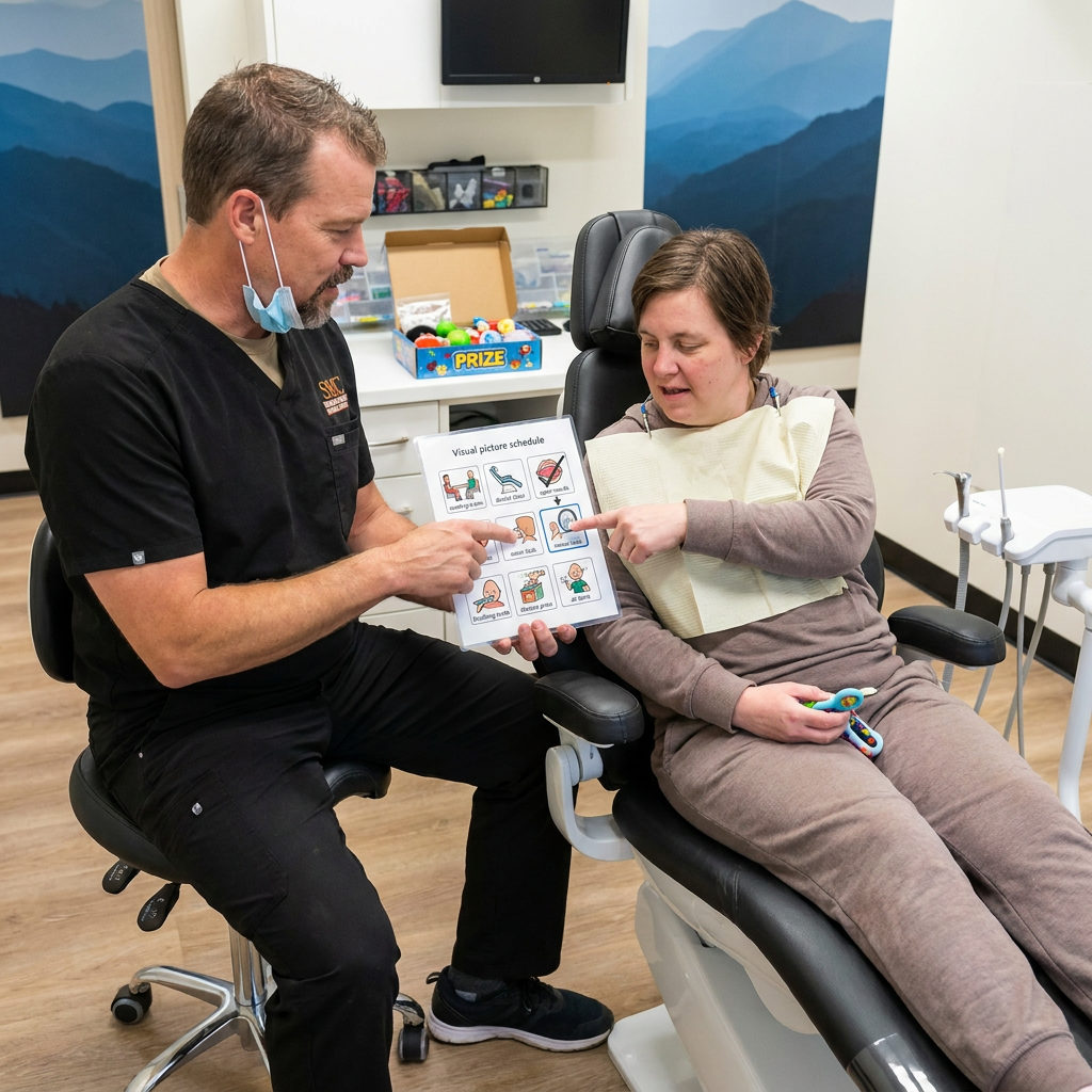 A Muldoon Dental Arts dentist in Anchorage points to a visual picture schedule while talking with a patient in the chair.