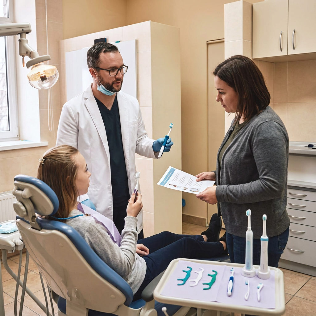 A Muldoon Dental Arts dentist shows adaptive tools to a patient and caregiver during a consultation in Anchorage, AK.