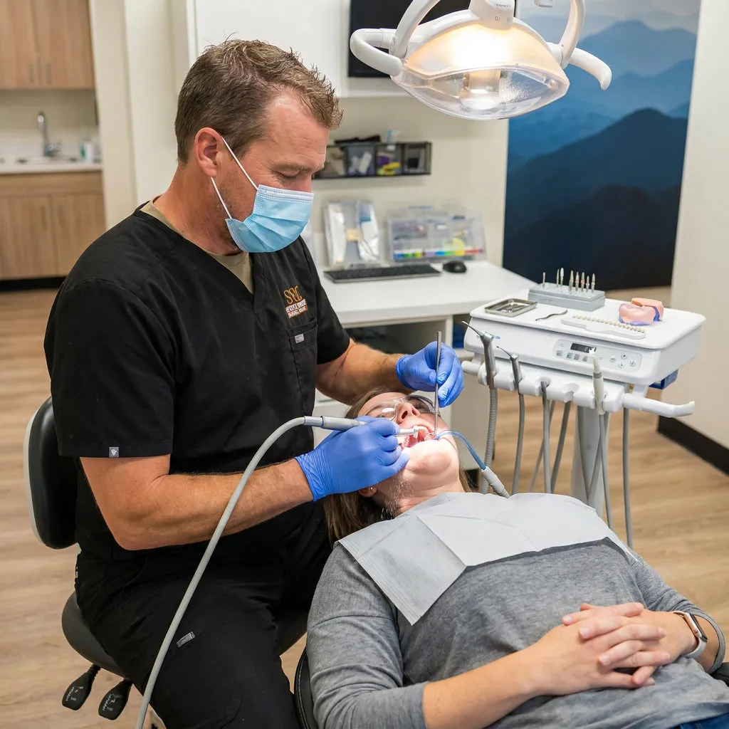 A dentist at Muldoon Dental Arts in Anchorage, AK prepares a patient tooth for a crown using a handpiece and water spray.