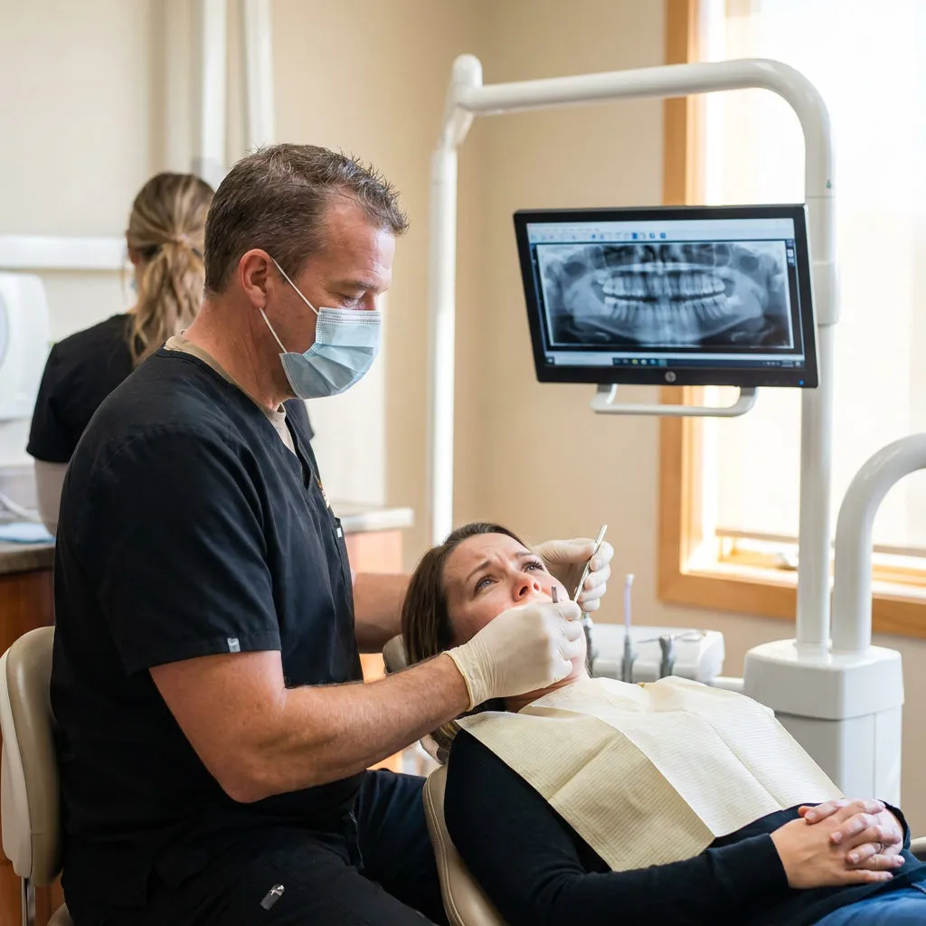 A masked dentist in navy scrubs provides emergency dental care to a patient at Muldoon Dental Arts in Anchorage, AK.