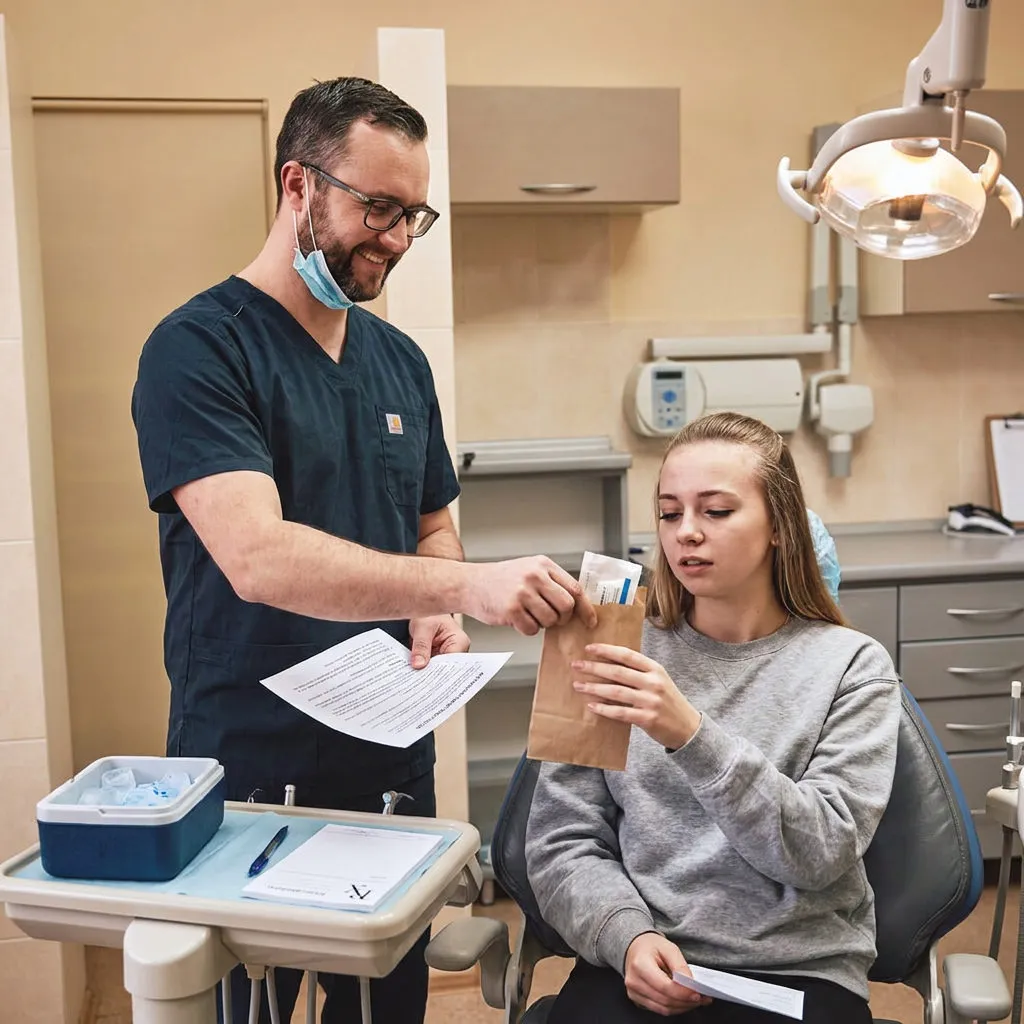 A dentist at Muldoon Dental Arts in Anchorage hands an aftercare kit and instructions to a patient after emergency treatment.