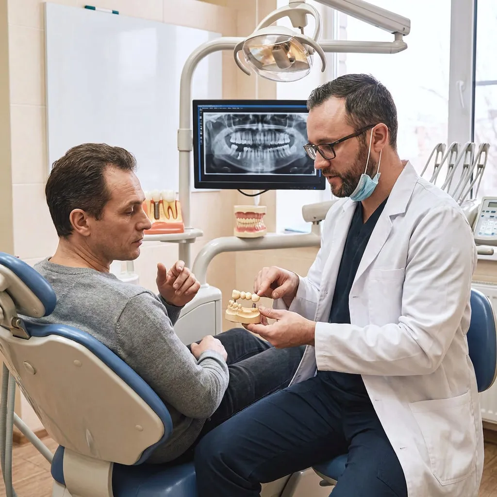 A Muldoon Dental Arts dentist in Anchorage explains a dental bridge to a patient using a stone tooth model.