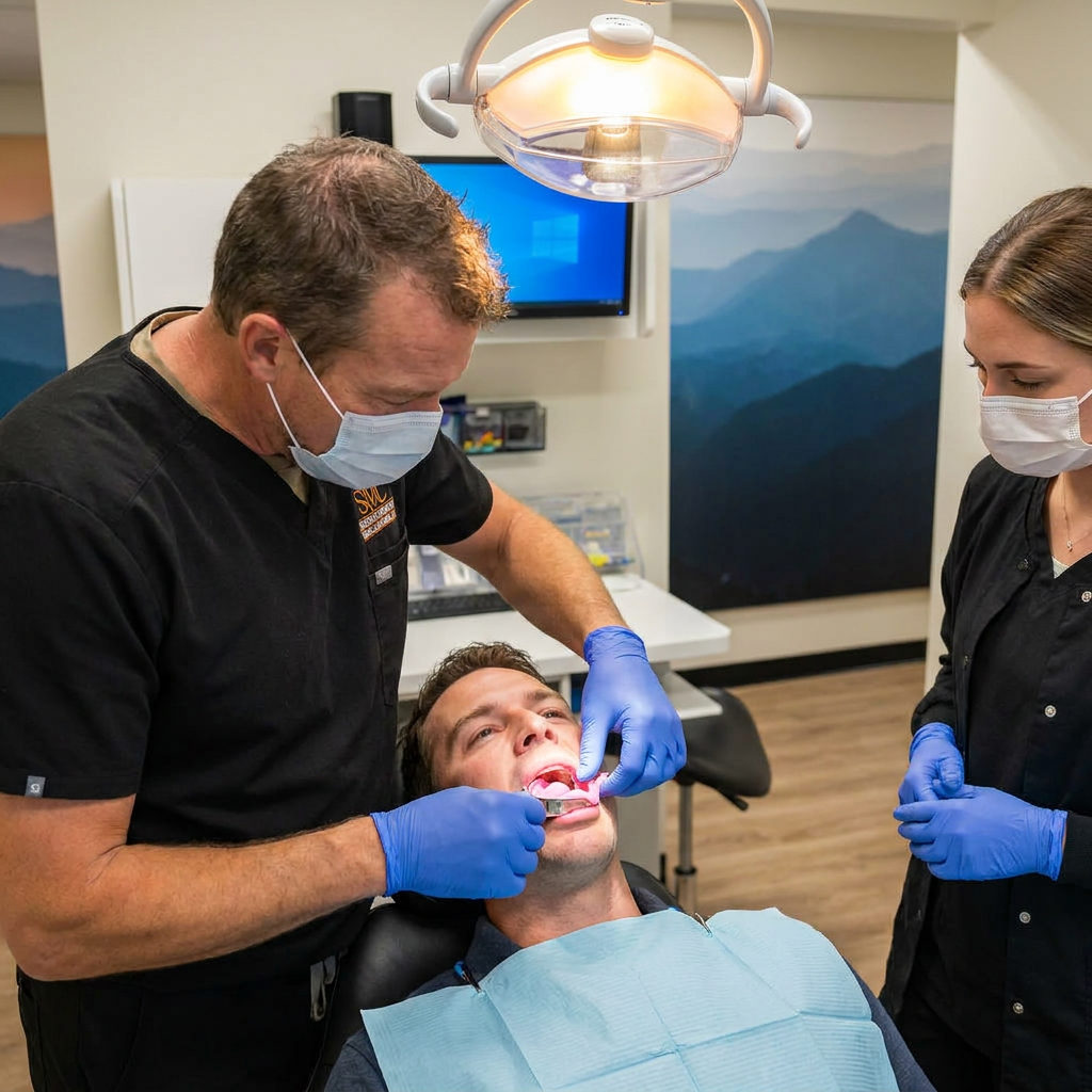 Muldoon Dental Arts staff in Anchorage, AK, take a dental impression for a patient in a clinical operatory room.