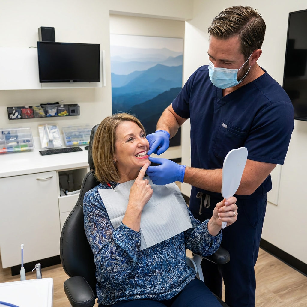 A Muldoon Dental Arts dentist in Anchorage and a patient evaluate a wax denture try-in using a hand mirror for fitting.