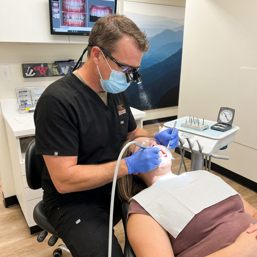 A dentist at Muldoon Dental Arts in Anchorage, AK, uses magnification loupes to prepare a patient for dental veneers.