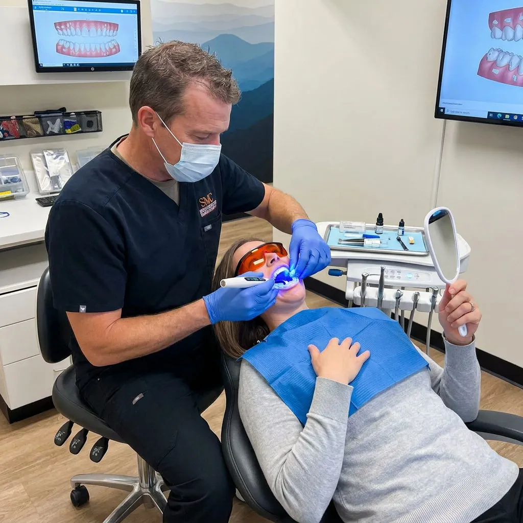 An Anchorage dentist at Muldoon Dental Arts uses a curing light to bond Invisalign attachments while the patient watches.