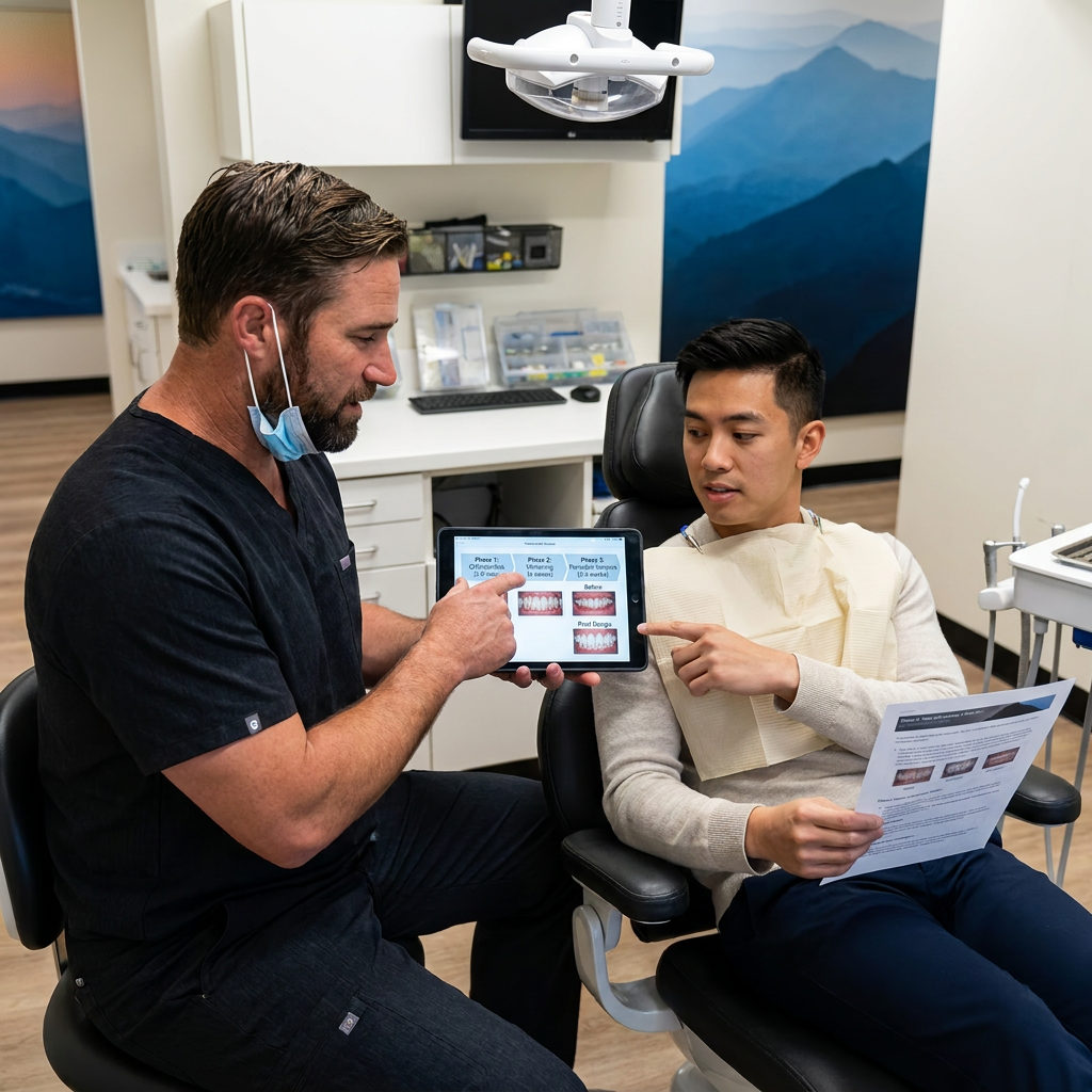 A dentist at Muldoon Dental Arts in Anchorage, AK, explains a digital smile design timeline to a patient on a tablet.