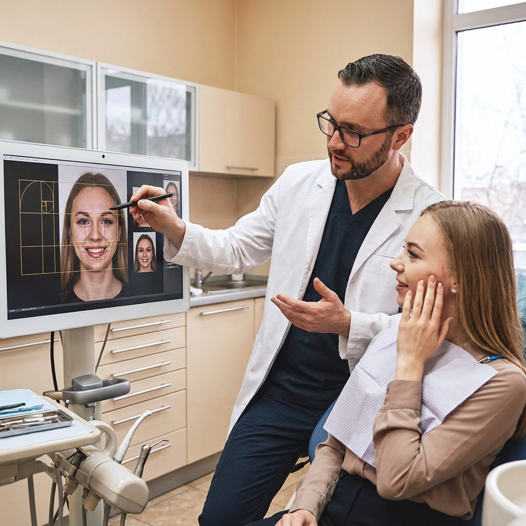A Muldoon Dental Arts dentist in Anchorage uses digital facial analysis software to plan a customized smile for a patient.