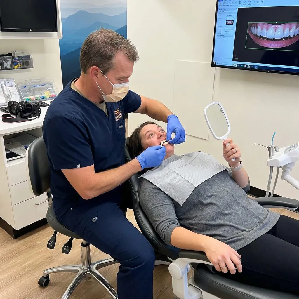A Muldoon Dental Arts dentist in Anchorage places a smile mock-up for a patient viewing their transformation in a mirror.