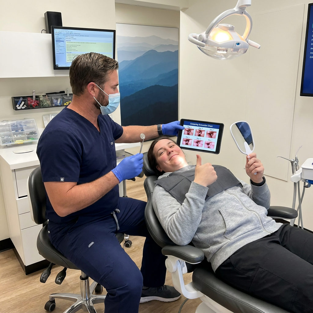 An Anchorage dentist at Muldoon Dental Arts shows a patient healing photos on a tablet during a wisdom tooth follow-up.