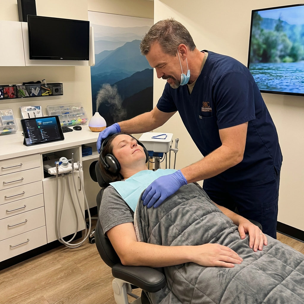 A Muldoon Dental Arts dentist places headphones on a relaxing patient under a blanket in Anchorage, AK.