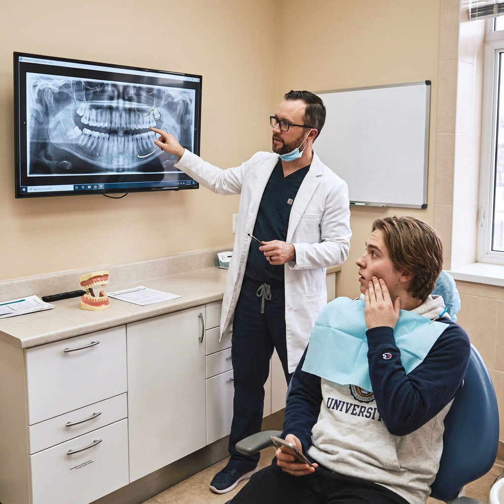 A Muldoon Dental Arts dentist in Anchorage points to impacted wisdom teeth on an x-ray monitor during a patient consultation.