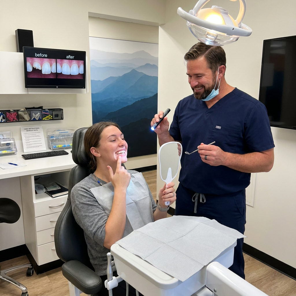 A Muldoon Dental Arts clinician and patient examine a seamless dental bonding repair using a mirror and light in Anchorage.