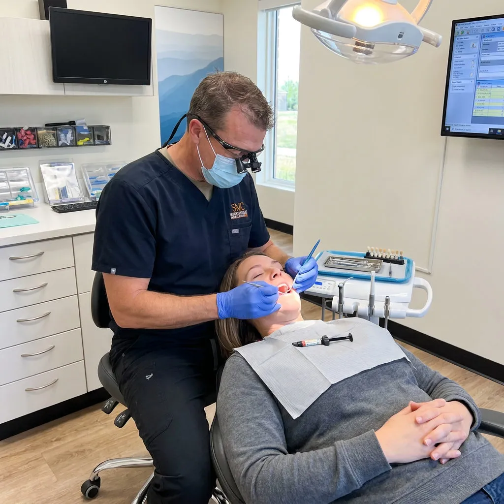 A Muldoon Dental Arts dentist in Anchorage, AK, uses tools to sculpt composite bonding material on a patient's front tooth.