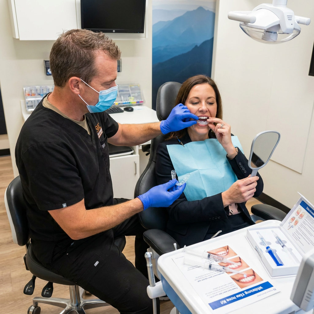 A Muldoon Dental Arts dentist in Anchorage, AK guides a patient on how to fit custom take-home whitening trays.