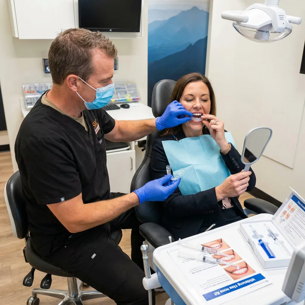 A Muldoon Dental Arts dentist in Anchorage, AK guides a patient on how to fit custom take-home whitening trays.