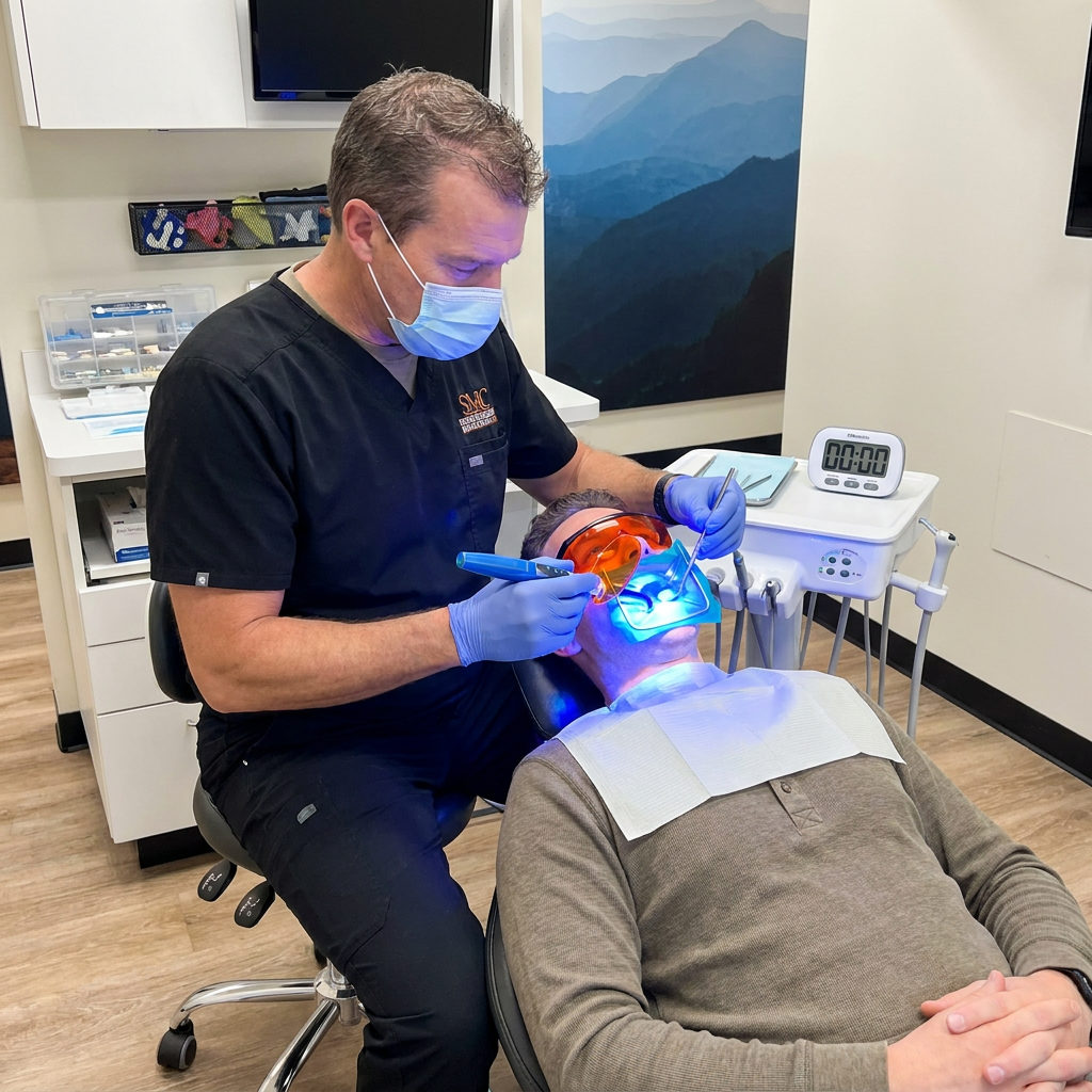 A Muldoon Dental Arts dentist in Anchorage uses a blue LED light to cure a composite filling for a patient in safety glasses.